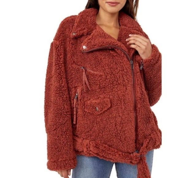 Free People So Cozy Slouchy Fleece Sherpa Moto Jacket in Cinnamon - Picture 1 of 15